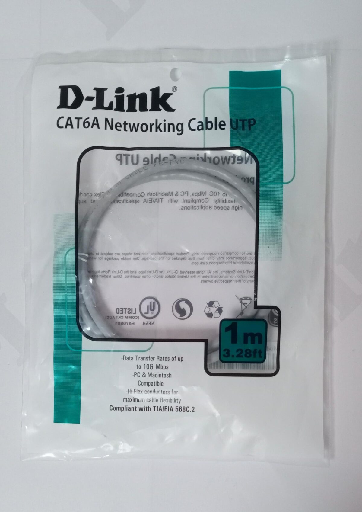 D-Link NCB-6AUGRYR1-1 | CAT6A UTP 24AWG Patch Cord 1M with Gold-Plated Connectors & Tangle-Free Design - Image 1