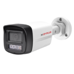 Front angled view of CP PLUS CP-UNC-TA21L3B-LQ 2MP dual light bullet IP camera with built-in warm LEDs and 30m night vision