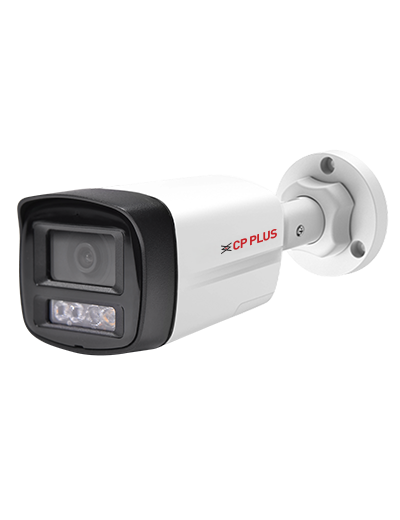 Front angled view of CP PLUS CP-UNC-TA21L3B-LQ 2MP dual light bullet IP camera with built-in warm LEDs and 30m night vision