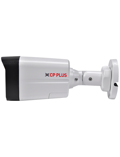 Left side profile of CP PLUS CP-UNC-TA21L3B-LQ outdoor bullet surveillance camera with adjustable mounting bracket