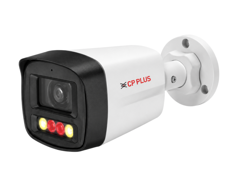 CP PLUS 4MP dual light IP bullet security camera with 2-way audio and IP67 weatherproof design front angle view