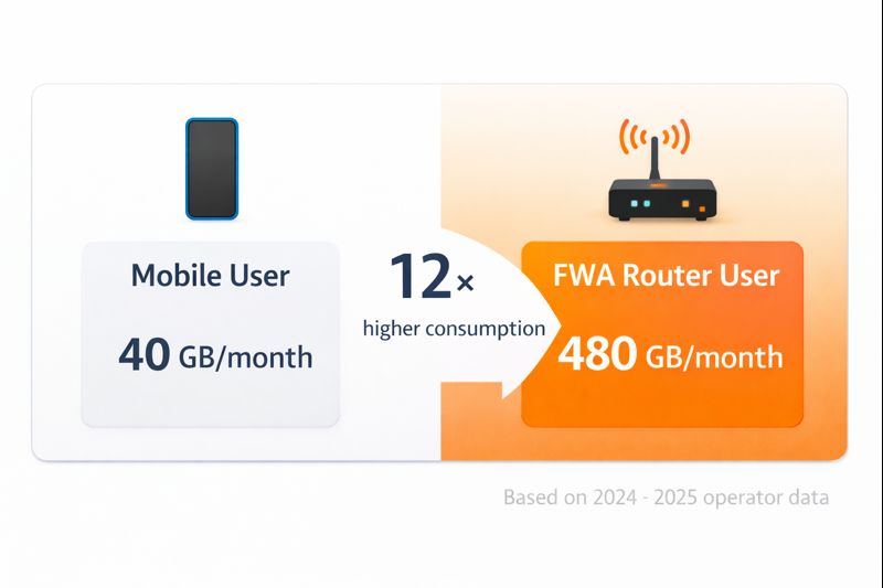 Data consumption comparison showing mobile user 40GB vs FWA router user 480GB per month