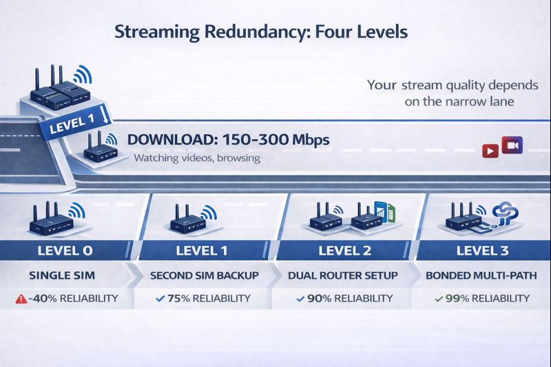 Four levels of streaming redundancy for 5G routers: single SIM, backup SIM, dual router, and bonded multi-path setup