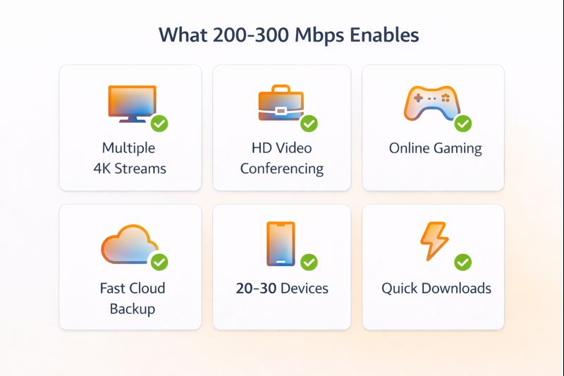 What 200-300 Mbps enables including multiple 4K streams HD video conferencing online gaming fast cloud backup 20-30 devices and quick downloads