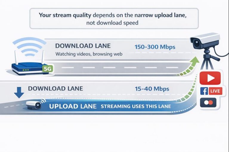 5G router upload vs download speed comparison showing narrow upload lane for live streaming in India