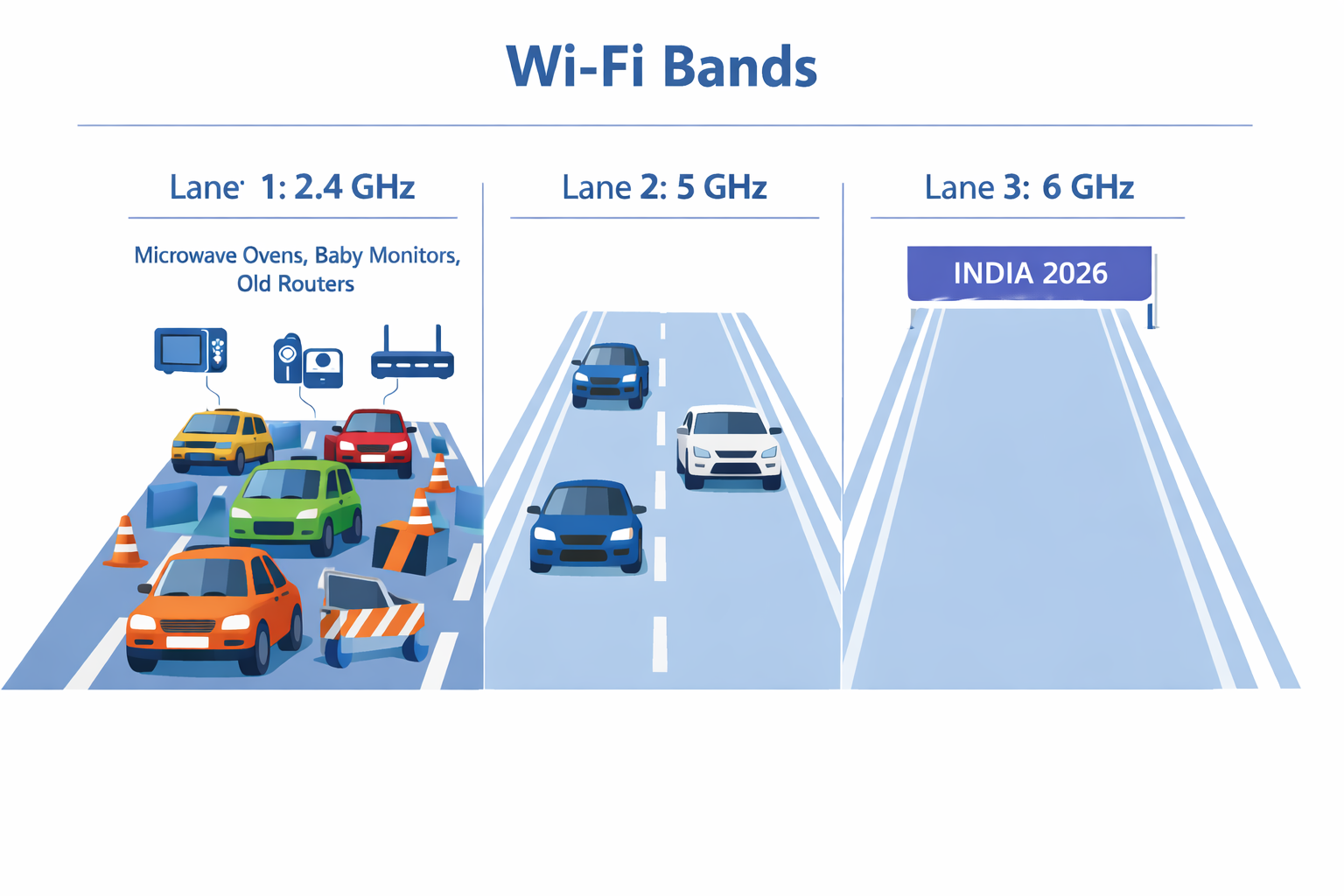 Visual comparison of WiFi bands as highway lanes