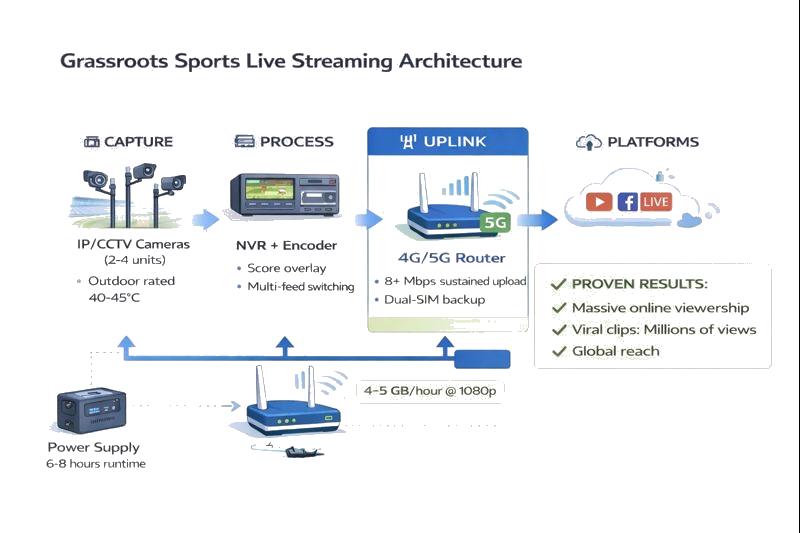 Grassroots sports live streaming architecture using IP/CCTV cameras, NVR encoder, 5G router and portable power in India