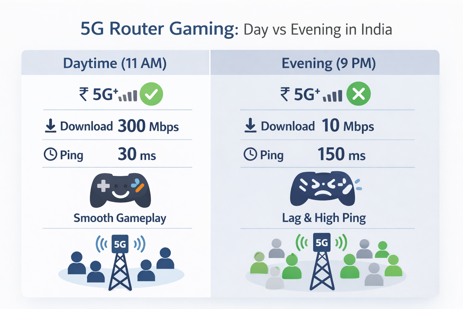Infographic showing dramatic difference in 5G router gaming performance between daytime (300 Mbps, 30ms ping) and evening peak hours (10 Mbps, 150ms ping) in India