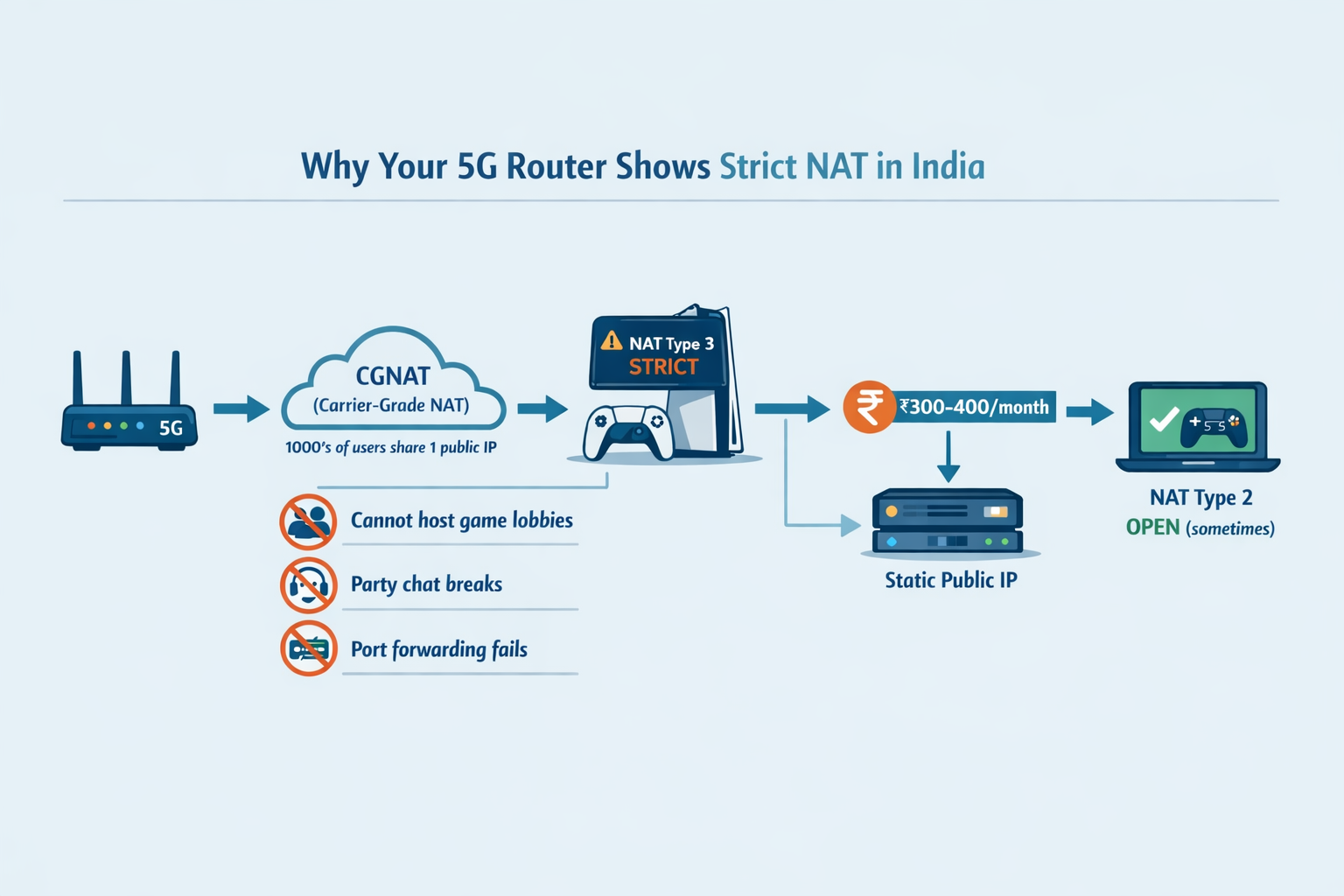Technical flowchart explaining how CGNAT on Indian 5G routers causes Strict NAT Type 3 on gaming consoles and prevents port forwarding
