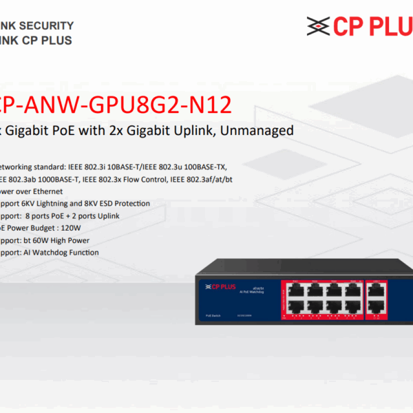 CP PLUS CP-ANW-GPU8G2-N12 Unmanaged PoE Switch with 8 PoE & 2 Uplink Ports - Image 2