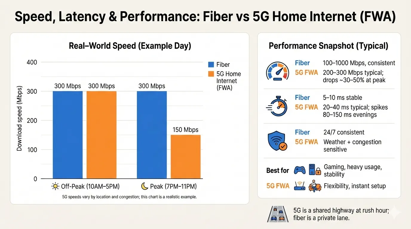 Comparison table showing fiber broadband vs 5G home internet performance including speed consistency, latency, reliability, and best use cases for Indian users