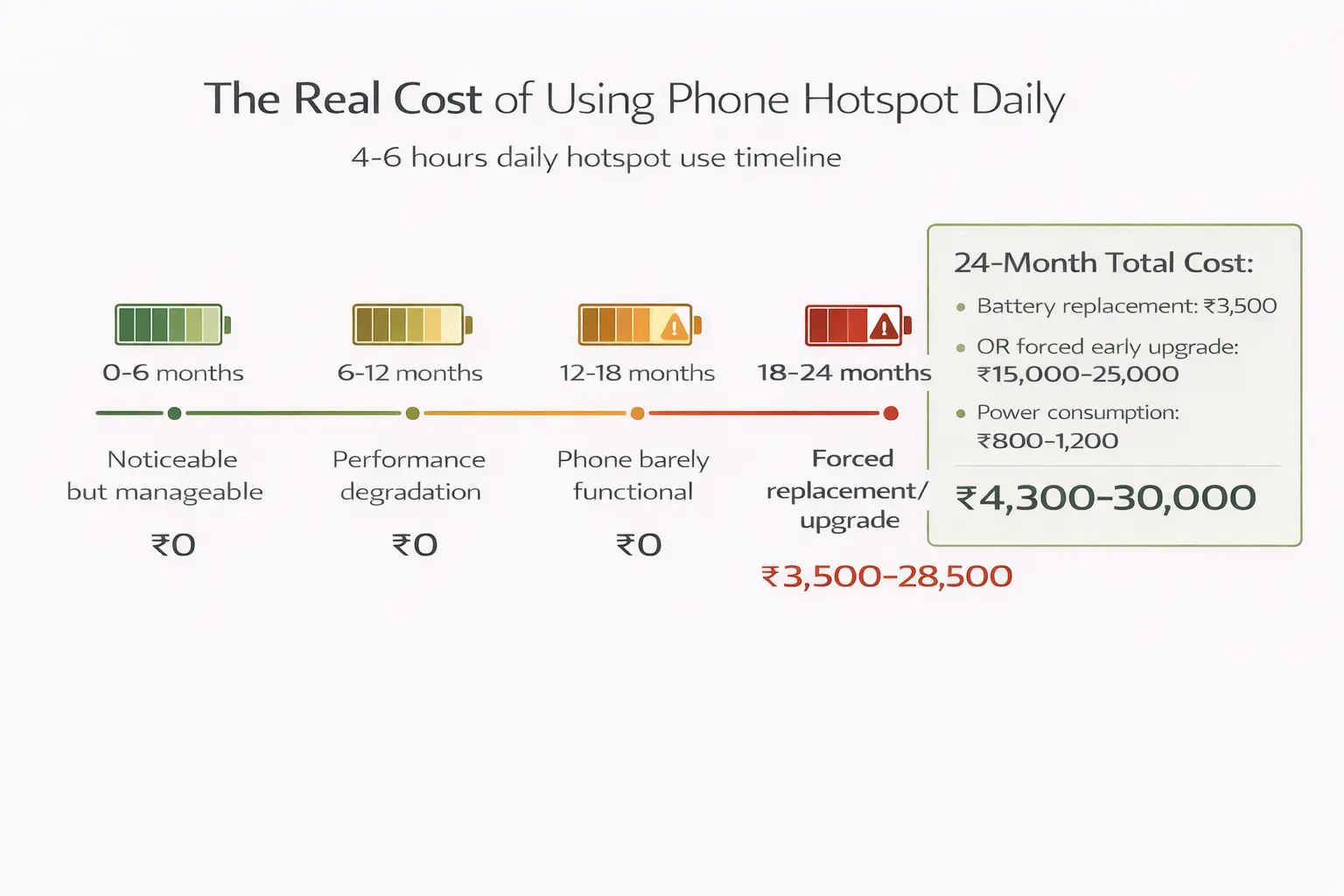 Timeline infographic showing phone battery health declining from 0-6 months to 18-24 months with daily hotspot use, culminating in ₹4,300-30,000 total cost including battery replacement and forced upgrade
