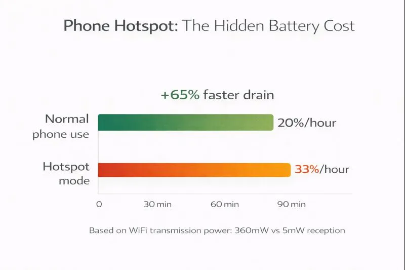 Horizontal bar chart comparing phone battery drain showing normal use at 20% per hour versus hotspot mode at 33% per hour, indicating 65% faster battery drain when using mobile hotspot