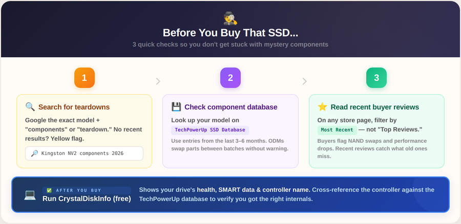 3-step verification flowchart showing search teardowns, check TechPowerUp database, filter reviews, and CrystalDiskInfo screenshot