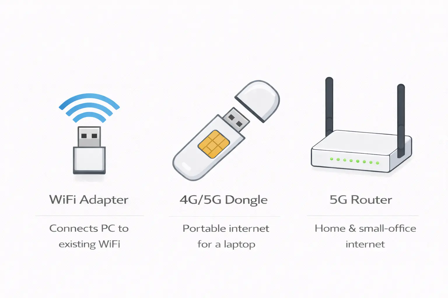 Comparison infographic showing WiFi adapter connecting to existing WiFi, 4G/5G dongle providing portable internet for laptop, and 5G router for home and small office internet in India