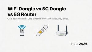 Featured image for WiFi dongle vs 5G dongle vs 5G router comparison article showing three device options for India 2026 internet connectivity