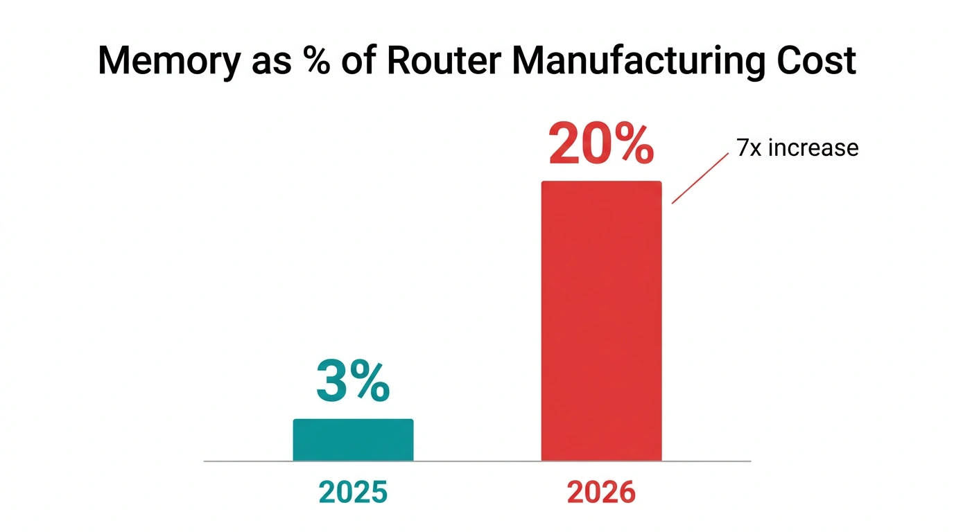 Bar chart showing memory as percentage of router manufacturing cost: 3% in 2025 vs 20% in 2026, a sevenfold increase, sourced from Counterpoint Research