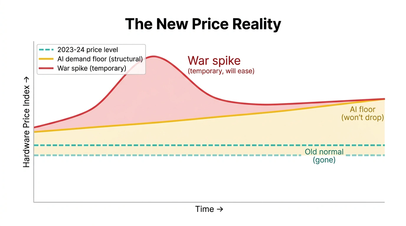 Chart showing hardware prices rising above the old 2023–24 baseline because AI demand creates a lasting price floor, while war causes a temporary spike that later eases.