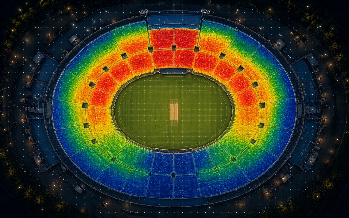 AI crowd density heatmap visualization showing real-time monitoring of foot traffic in stadium corridors, gates, and concourse areas
