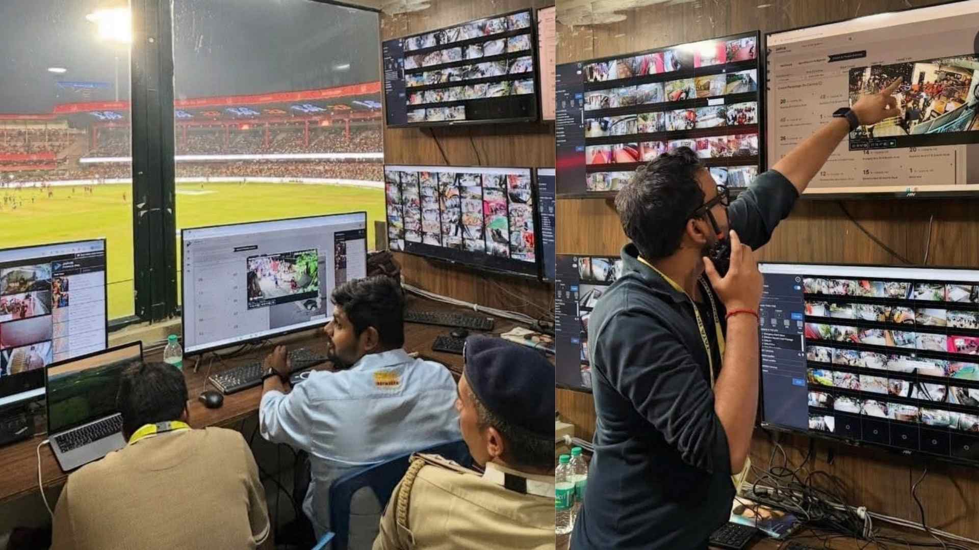 AI-powered JARVIS video analytics command centre at M Chinnaswamy Stadium showing live CCTV feeds during an IPL 2026 match
