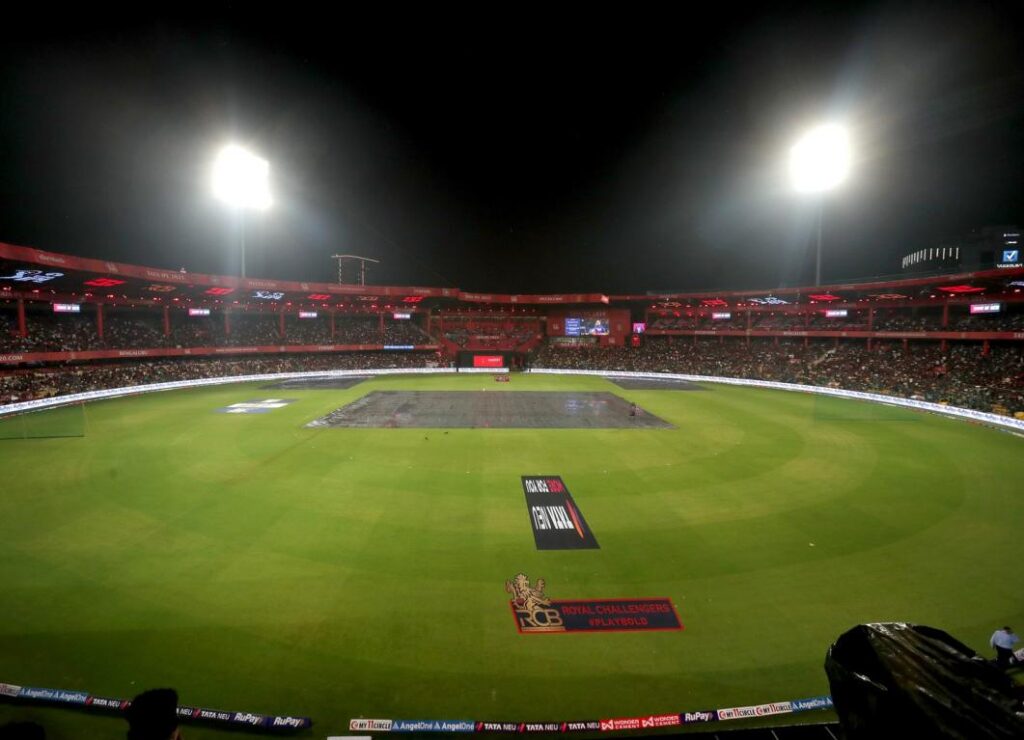 M Chinnaswamy Stadium in Bengaluru lit up on match night during IPL 2026, the first season after the 2025 stampede