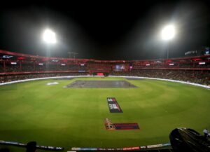 M Chinnaswamy Stadium in Bengaluru lit up on match night during IPL 2026, the first season after the 2025 stampede