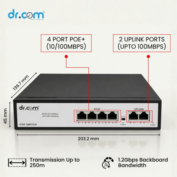 Dr.Com DR-F1006P-A 6-Port Desktop Switch with 4-Port PoE+ (65W Budget) - Image 6