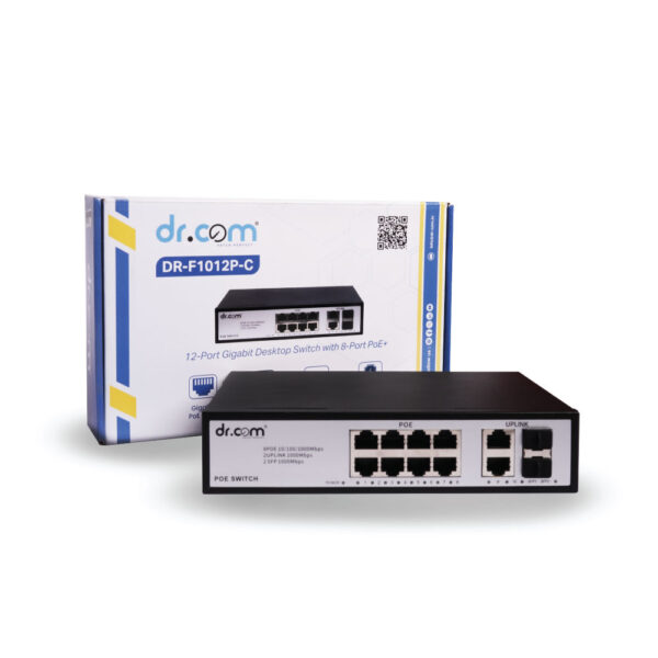 Dr.Com DR-F1012P-C 12-Port Gigabit Desktop Switch | 8-Port PoE+ (120W Budget) | 2x Gigabit Uplink + 2x SFP Slots | 24Gbps Backplane - Image 5