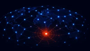Abstract illustration of interconnected Internet networks with one node showing a disruption rippling across connected systems, representing how a single routing error can cascade globally