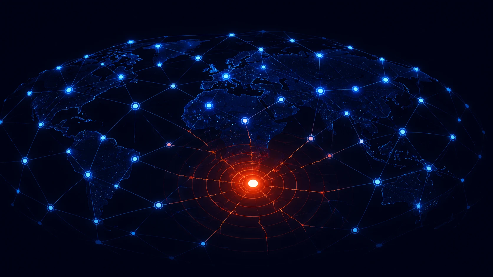 Abstract illustration of interconnected Internet networks with one node showing a disruption rippling across connected systems, representing how a single routing error can cascade globally