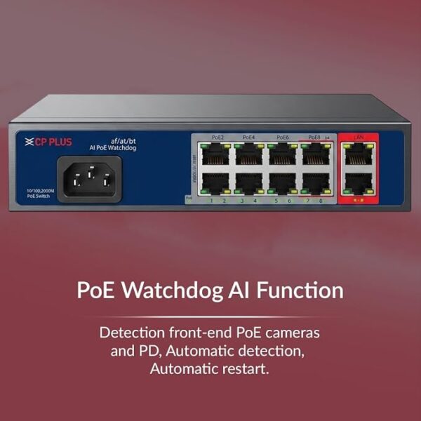 CP PLUS CP-ANW-HPU8G2-N12 | 8-Port Unmanaged PoE Switch | 8x PoE Ports (60W High-Power) | 2x Gigabit Uplinks | 120W Budget | 130m Transmission - Image 3