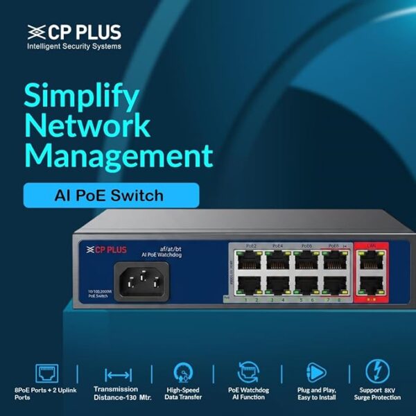 CP PLUS CP-ANW-HPU8G2-N12 | 8-Port Unmanaged PoE Switch | 8x PoE Ports (60W High-Power) | 2x Gigabit Uplinks | 120W Budget | 130m Transmission - Image 6