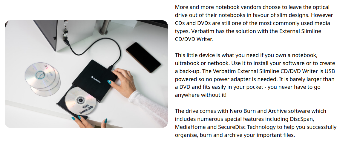 Verbatim External Slimline CD/DVD Writer