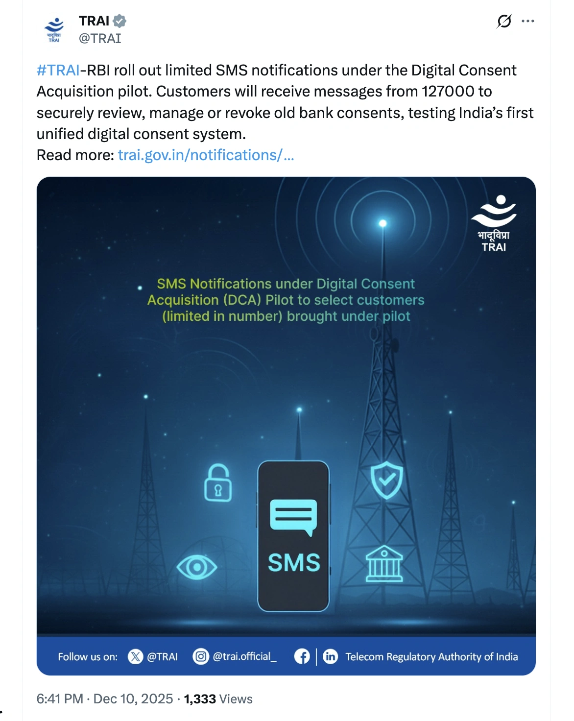 TRAI-RBI rolled out SMS notifications under DCA (Digital Consent Acquisition) pilot.